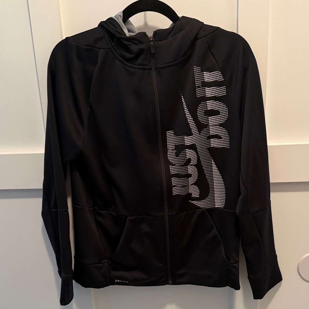 Boys Nike Black Hoodie with White Dotted Swoosh Graphic size X large